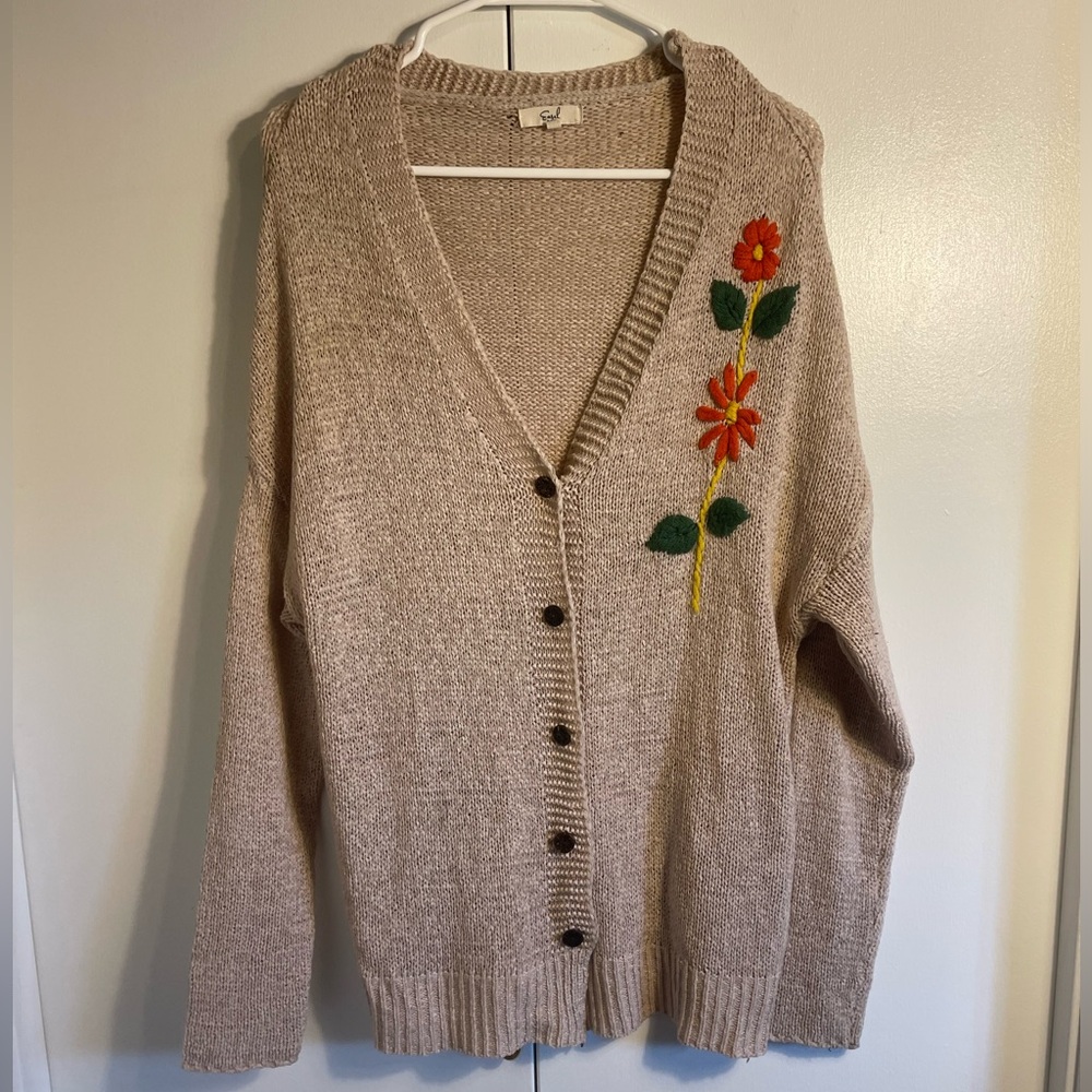 easel Beige Cardigan Sweater with Orange Floral Embroidery